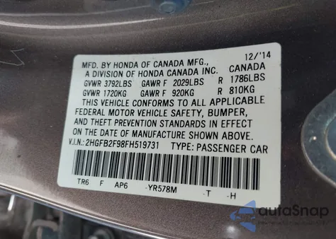 2015 Honda Civic Ex-L из США, поврежденный, VIN 2HGFB2F98FH519731